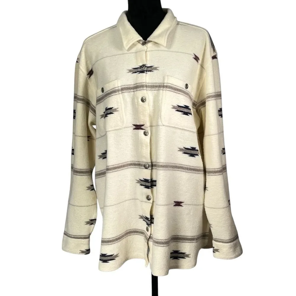 Orvis Off White Fleece Blanket Jacket Aztec Print Gray Striped Western Women XL